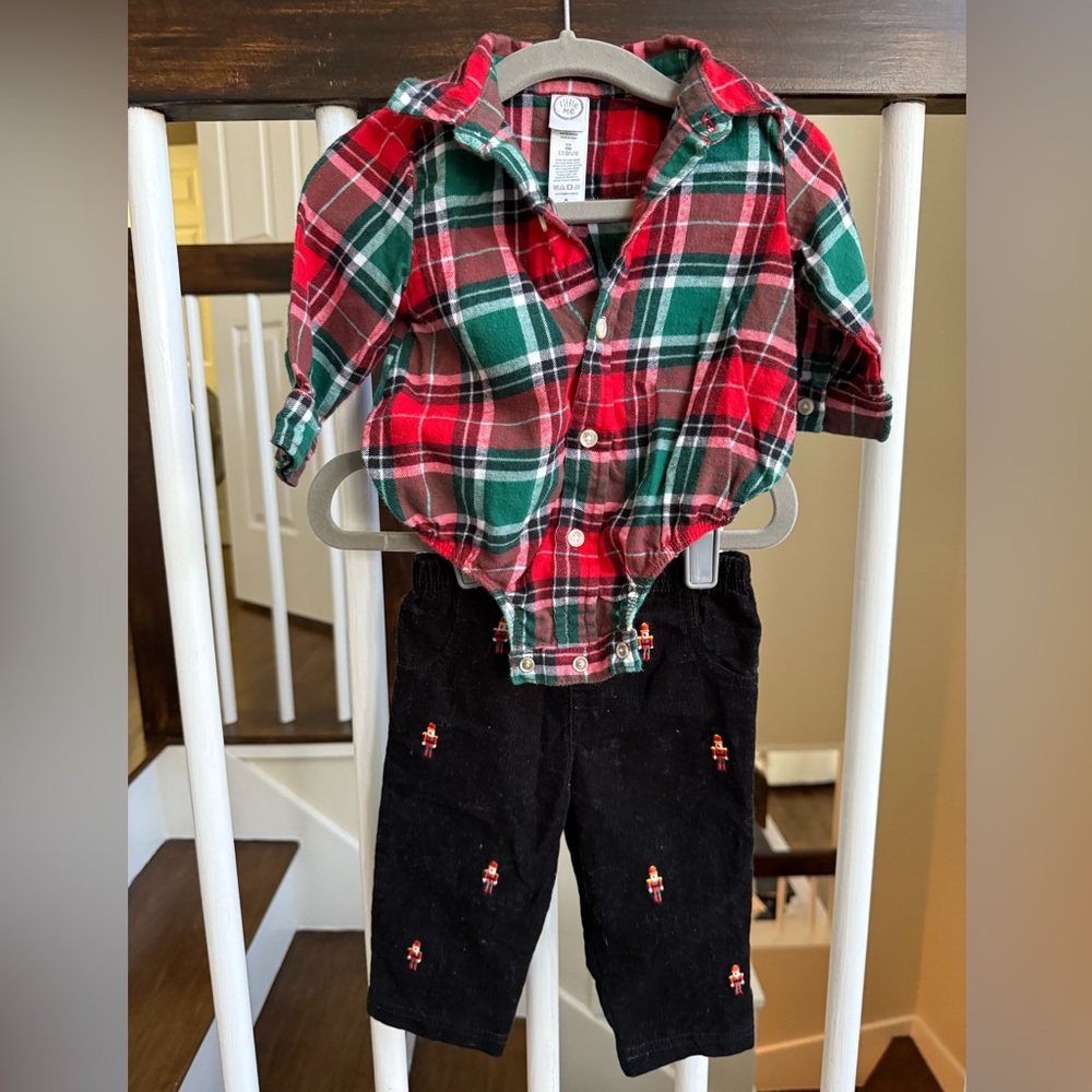 Little Me Red and Green Plaid Shirt with Pant Set